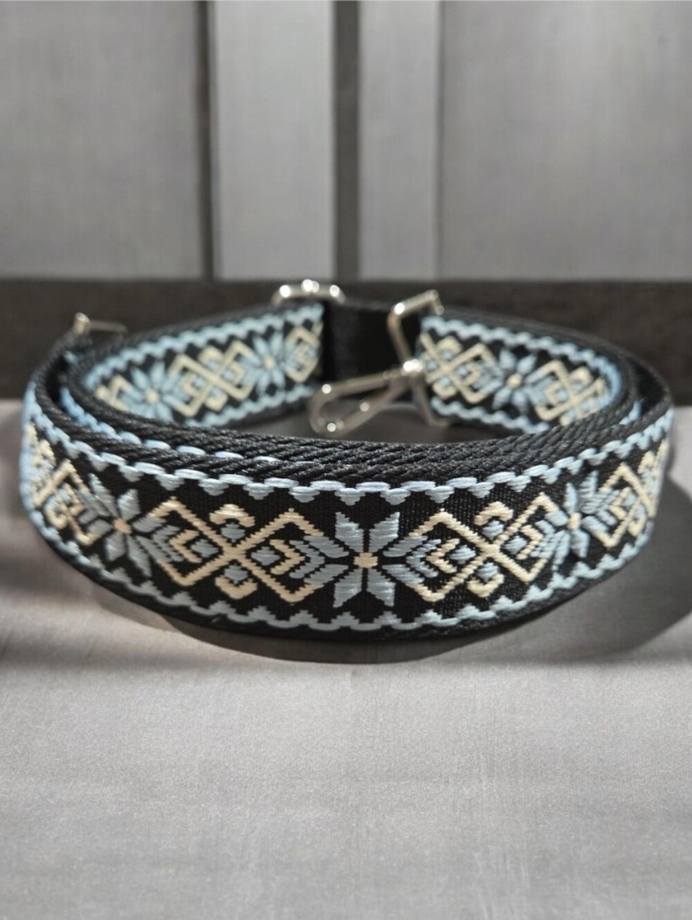 Woven Geometric Pattern Guitar Strap - Black and Light Blue